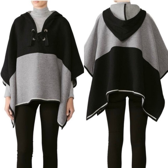 ba&sh Lady Cape Small hooded poncho wool black gray neutral sweater knit cozy - Picture 1 of 12